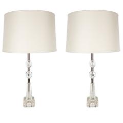 Pair of 1940s Hollywood Regency Crystal Table Lamps with Chrome Fittings