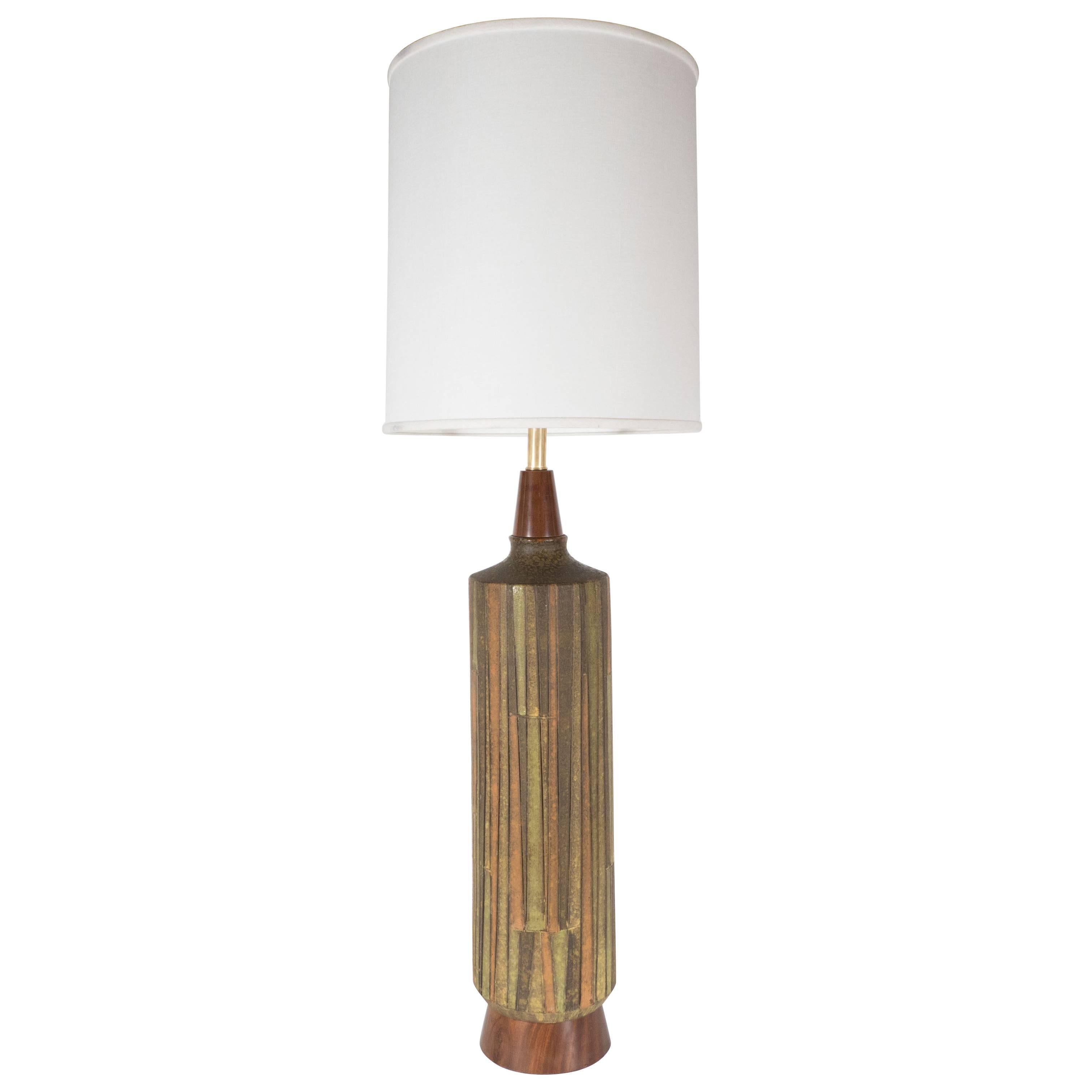 Mid-Century Organic Modern Ceramic & Walnut Table Lamp in Earth Tones by Bitossi For Sale