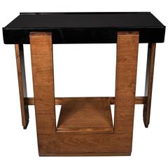 Art Deco Cut-Out Side Table in Burled Walnut, Black Lacquer and Inset Vitrolite