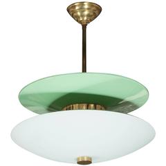 Mid-Century Saucer Chandelier in Green Enamel with Brass Fitting and Glass Dome