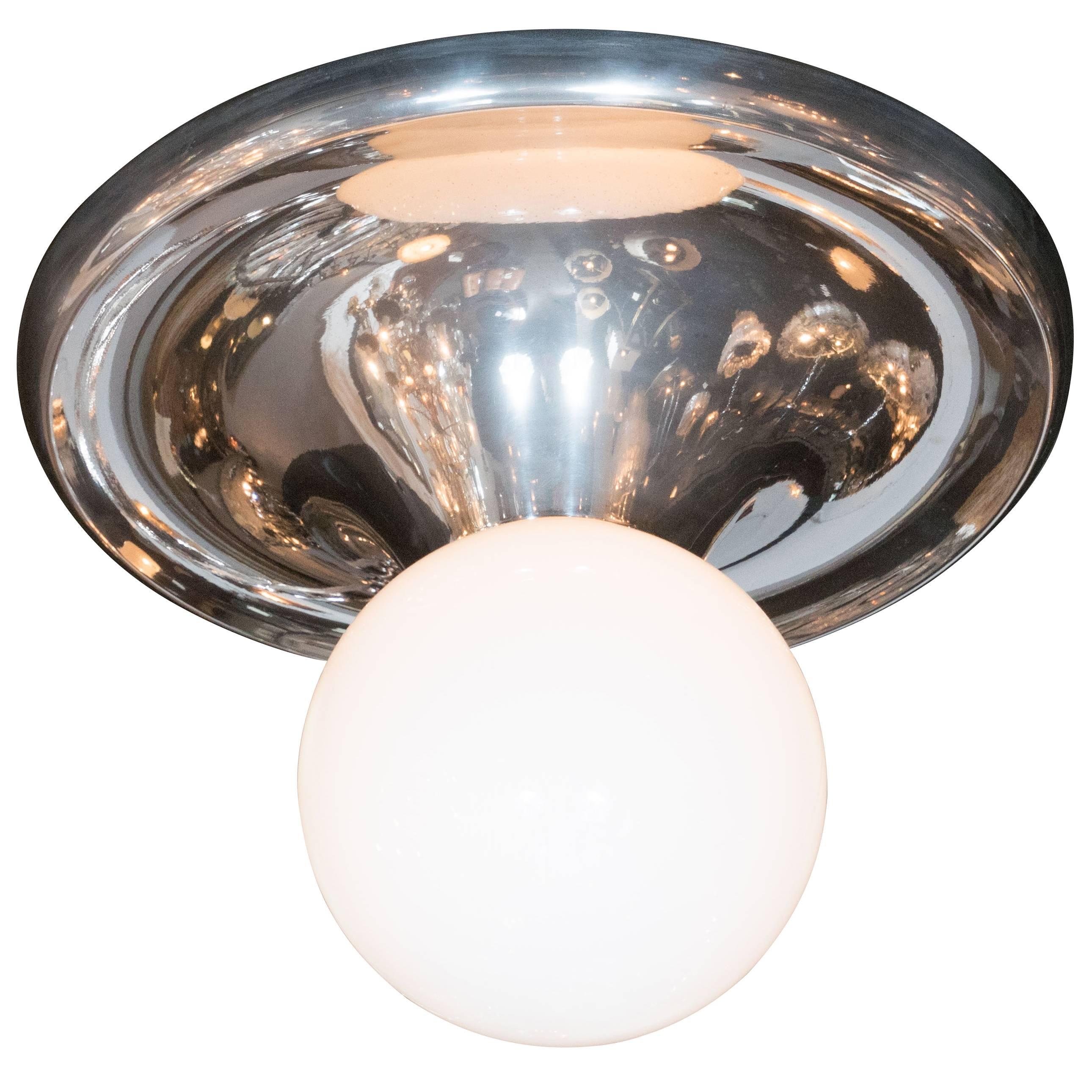 Mid-Century White Globe "Drop" Flush Mount with Chrome Frame For Sale