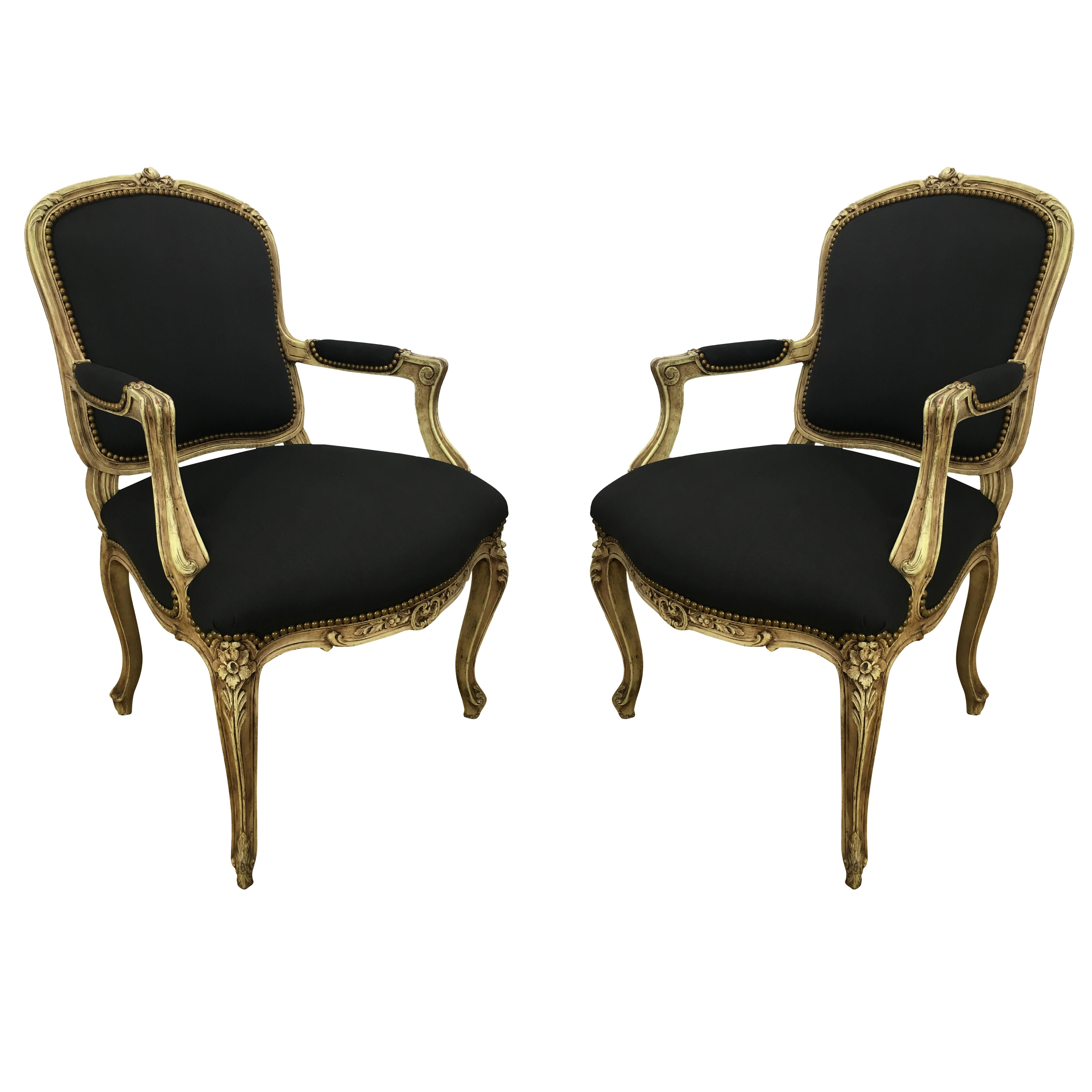 Pair of Louis XVI Style Cream Painted Armchairs of Fauteuils For Sale