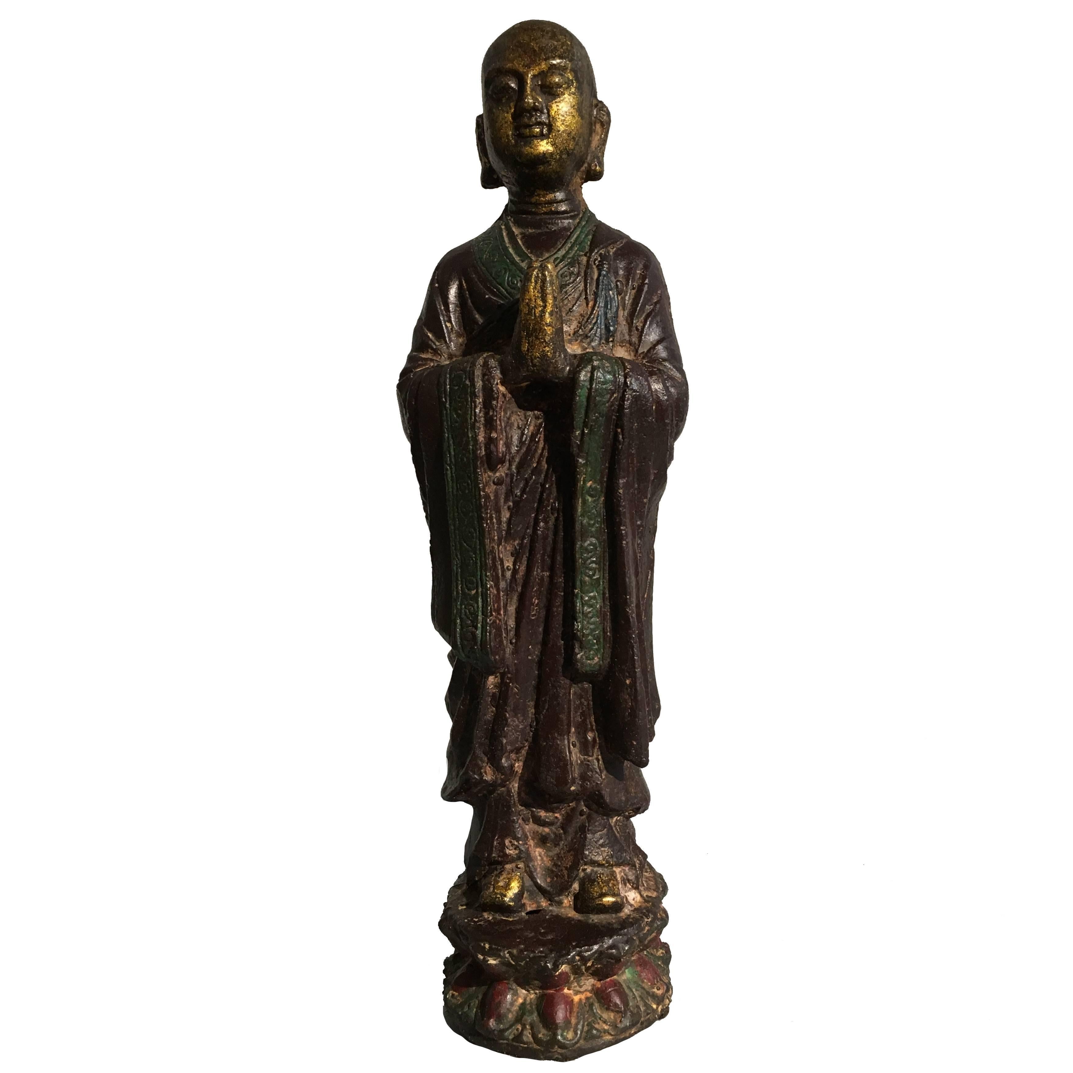 Ming Dynasty Polychrome Lacquer and Gilt Iron Figure of Ananda For Sale