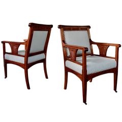 Rare Pair of French Art Nouveau Carved Mahogany Armchairs 1