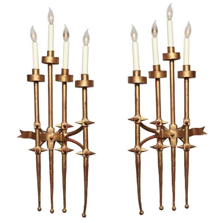 Pair of Brutalist 1960s Gilt Metal Wall Sconces