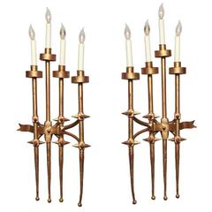 Pair of Brutalist 1960s Gilt Metal Wall Sconces 6