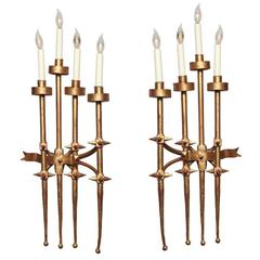 Pair of Brutalist 1960s Gilt Metal Wall Sconces