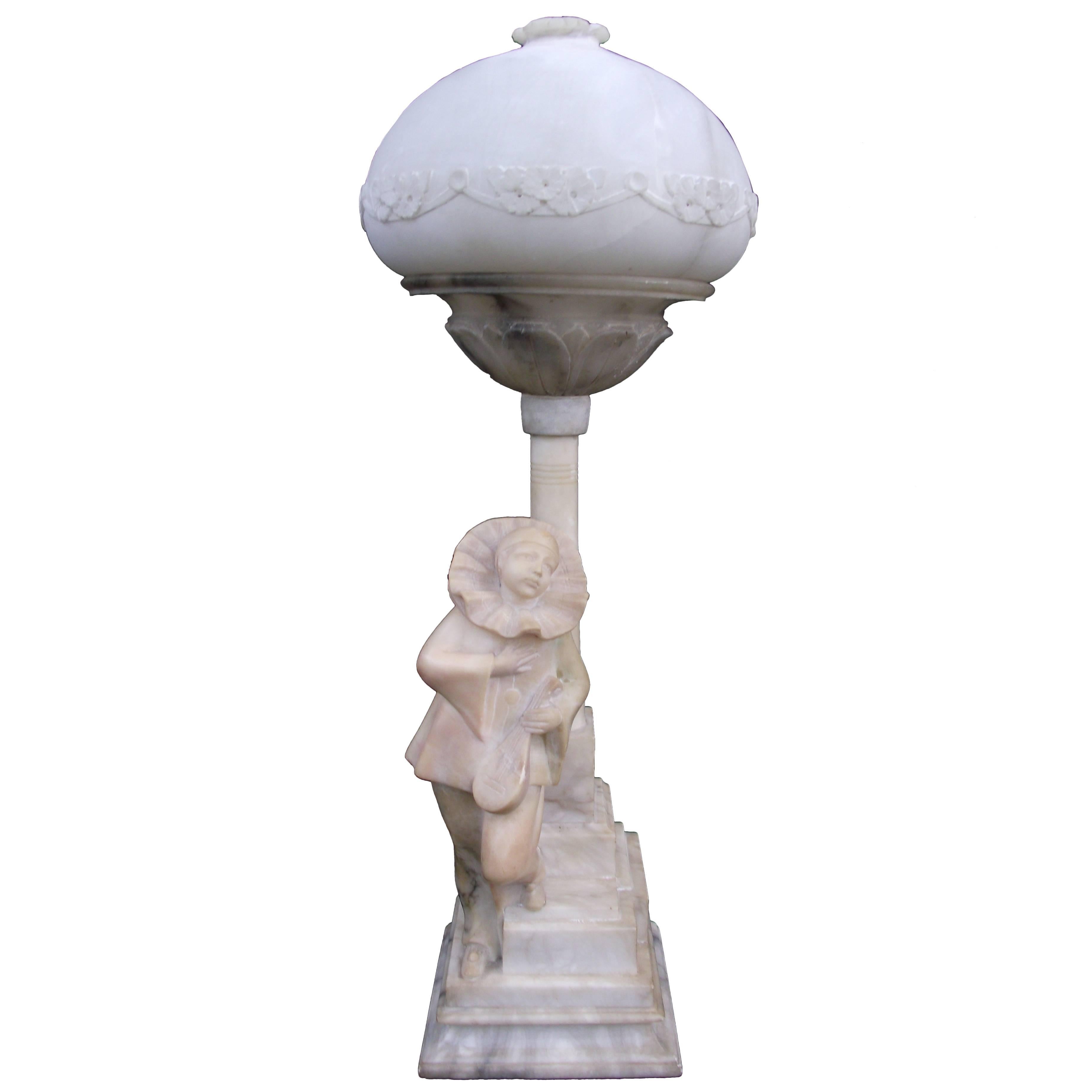 Alabaster Pierrot Clown Lamp, Signed, Hand-Carved Alabaster Lamp For Sale