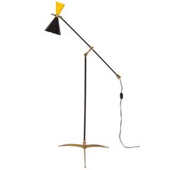Italian 1950 Articulated Standing Floor Lamp Yellow Black Brass Mid Century