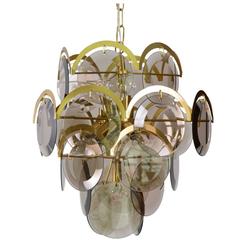 Murano Brass and Smoked Glass Disk Chandelier Vistosi Style, Italy, 1960s