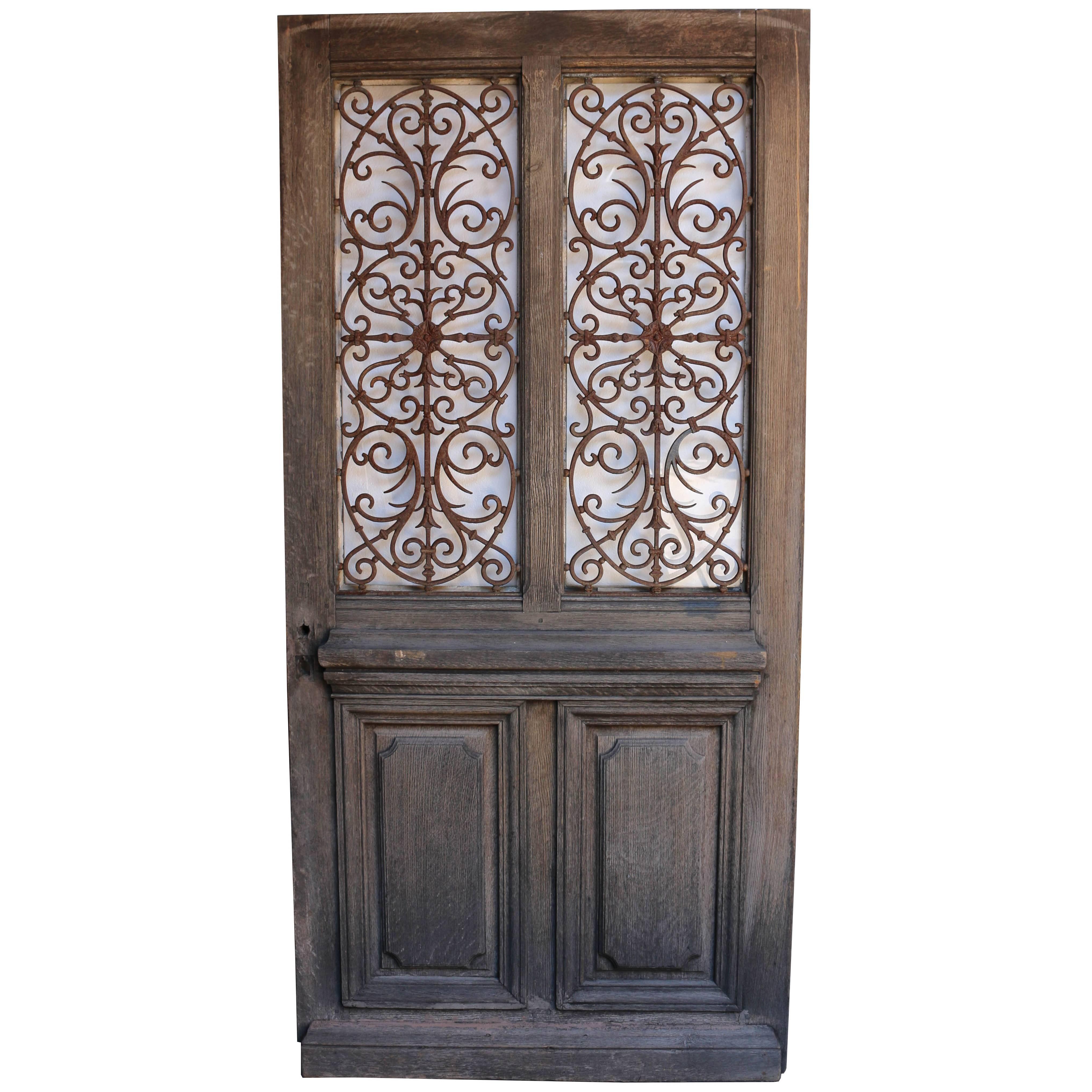 Antique French Oak Front Door with Cast Iron Grills