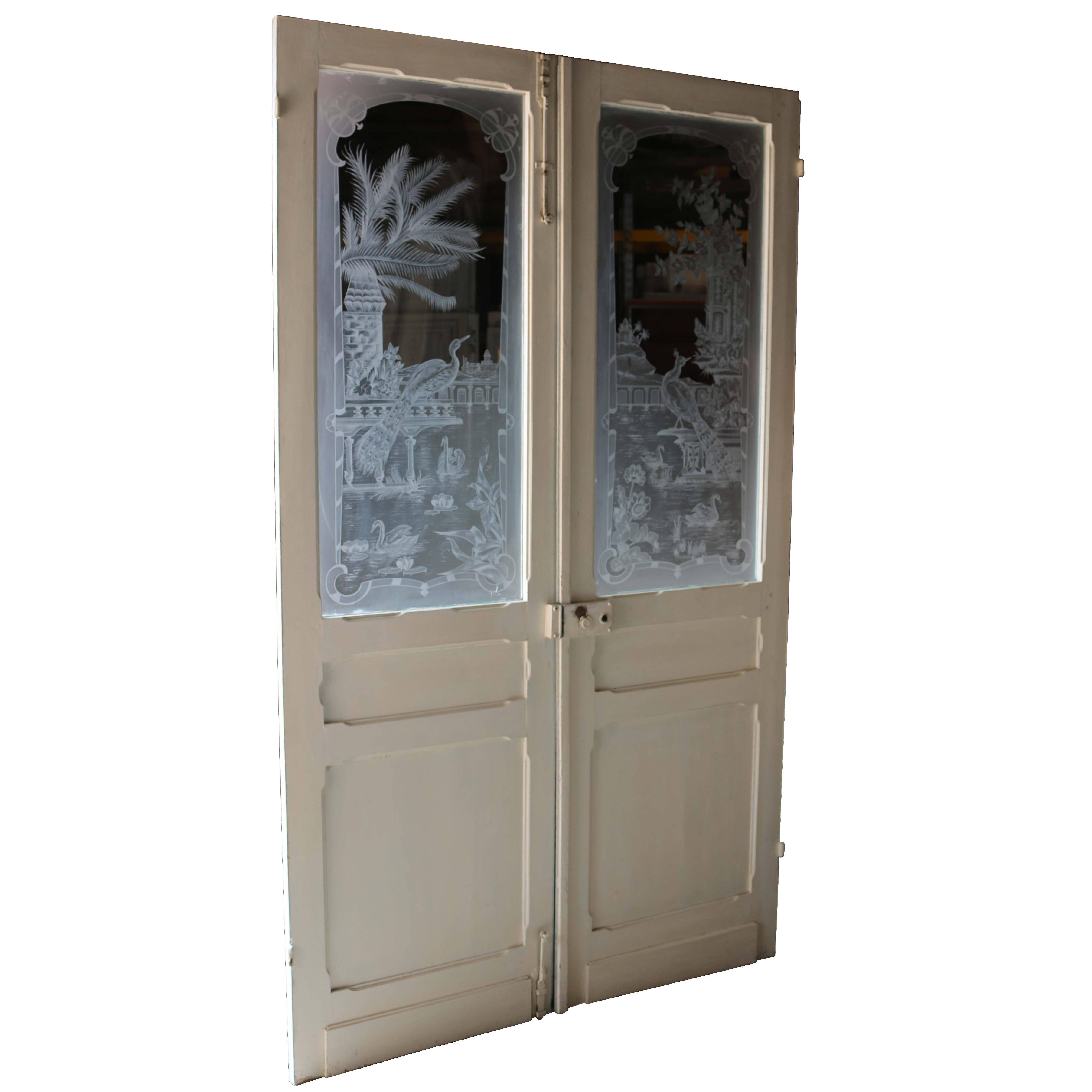 Pair of Antique French Etched Glass Doors