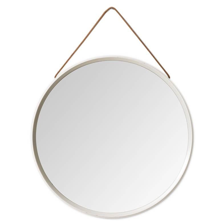 Weißer weiß lackierter runder Spiegel mit Lederriemen im Angebot