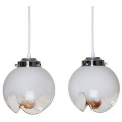 Pair of Mazzega White, Clear and Orange Glass Pendants, Circa 1970s 1