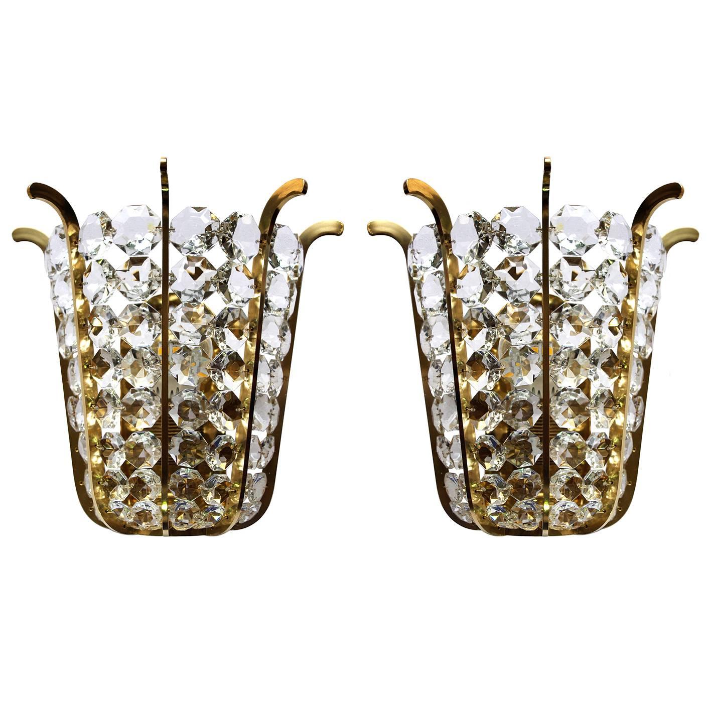 Very Beautiful and Rare Pair of Crystal Glass and Brass Sconces, Austria, 1950s For Sale