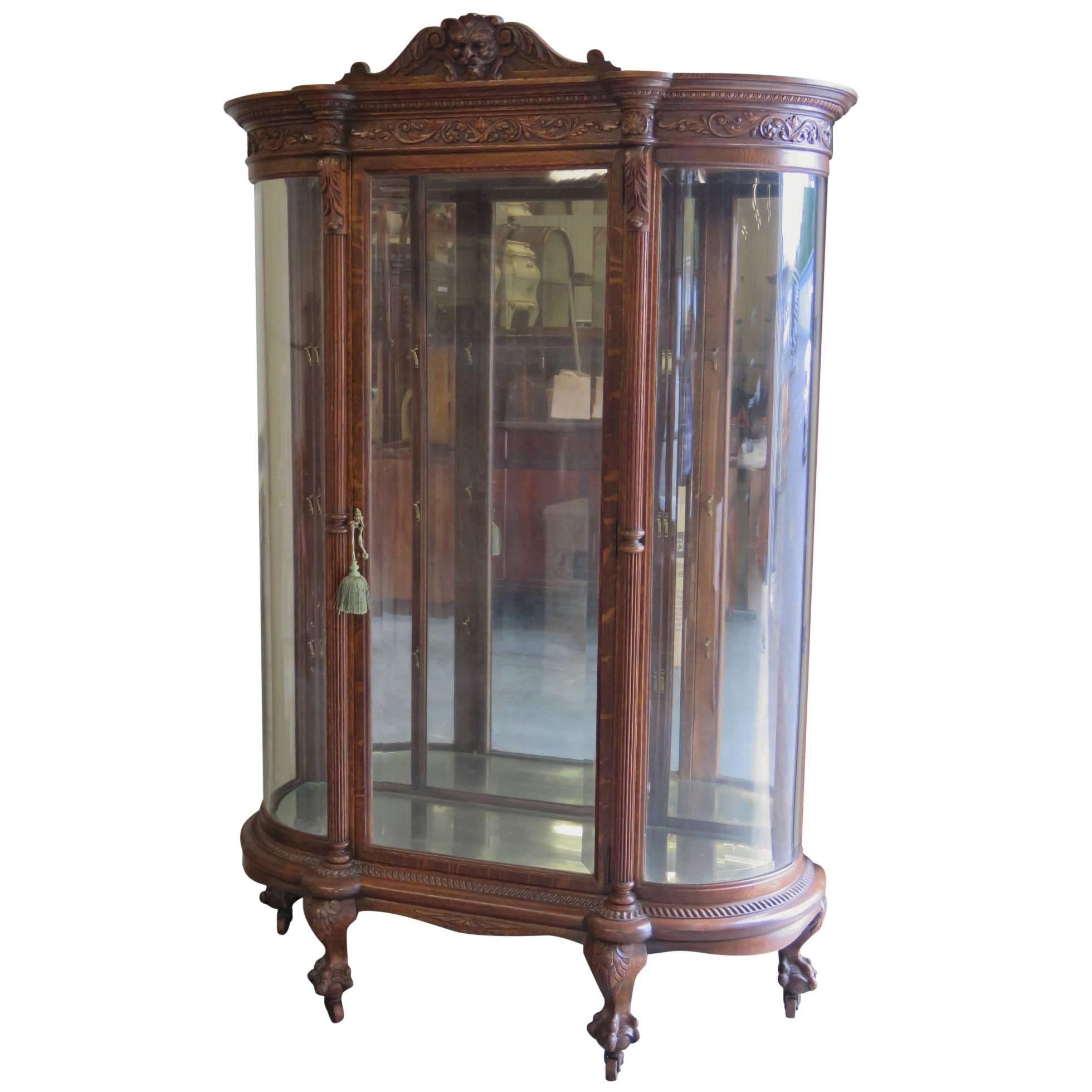 R.J. Horner Style Carved Oak Beveled Glass China Cabinet