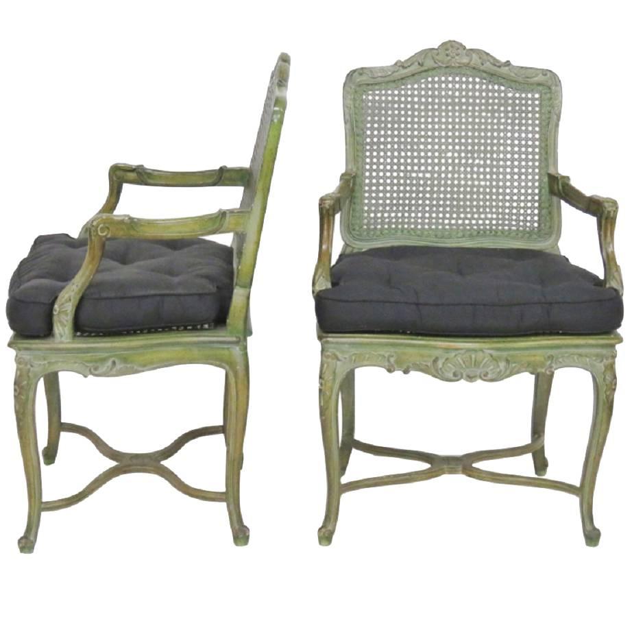 Pair of French Louis XVI Style Green Painted Caned Armchairs