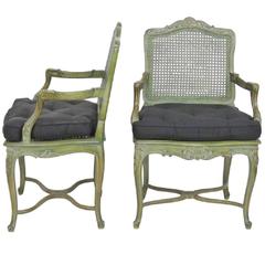 Pair of French Louis XVI Style Green Painted Caned Armchairs 5