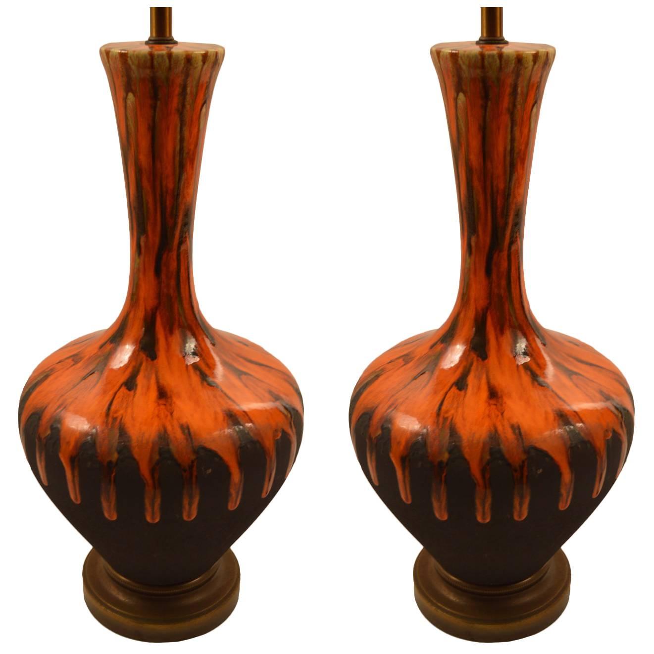 Pair of Bulbous Orange Drip Glaze Table Lamps