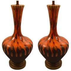 Pair of Bulbous Orange Drip Glaze Table Lamps 9