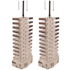 Pair of Stacked Lucite Block Table Lamps