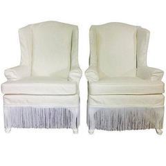 Mid-Century Pair of Wing Back Slip Covered High Back Chairs 3