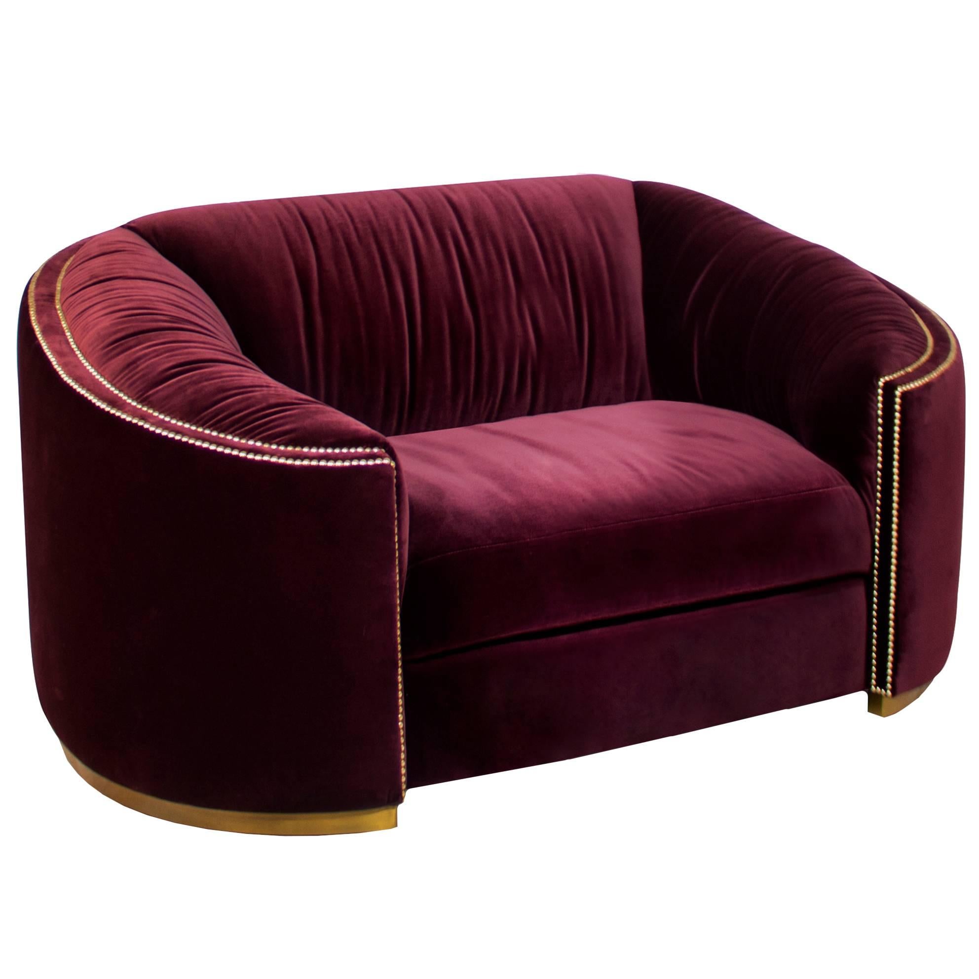 Kingdom One-Seat Sofa in Velvet Fabric Aged Brass Base and Golden Nails For Sale
