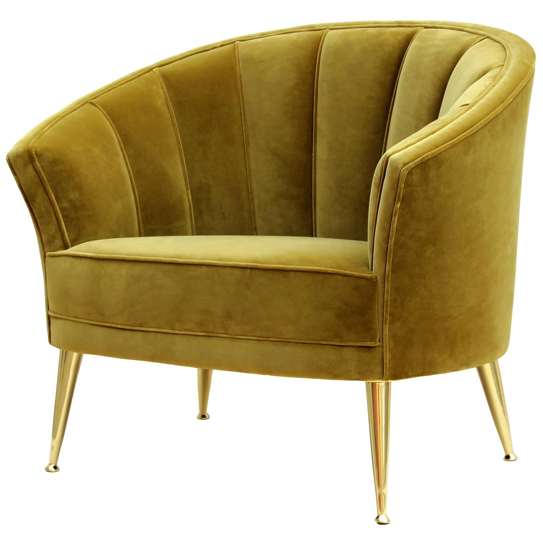 Arca Armchair in Cotton Velvet with Brass Feet For Sale