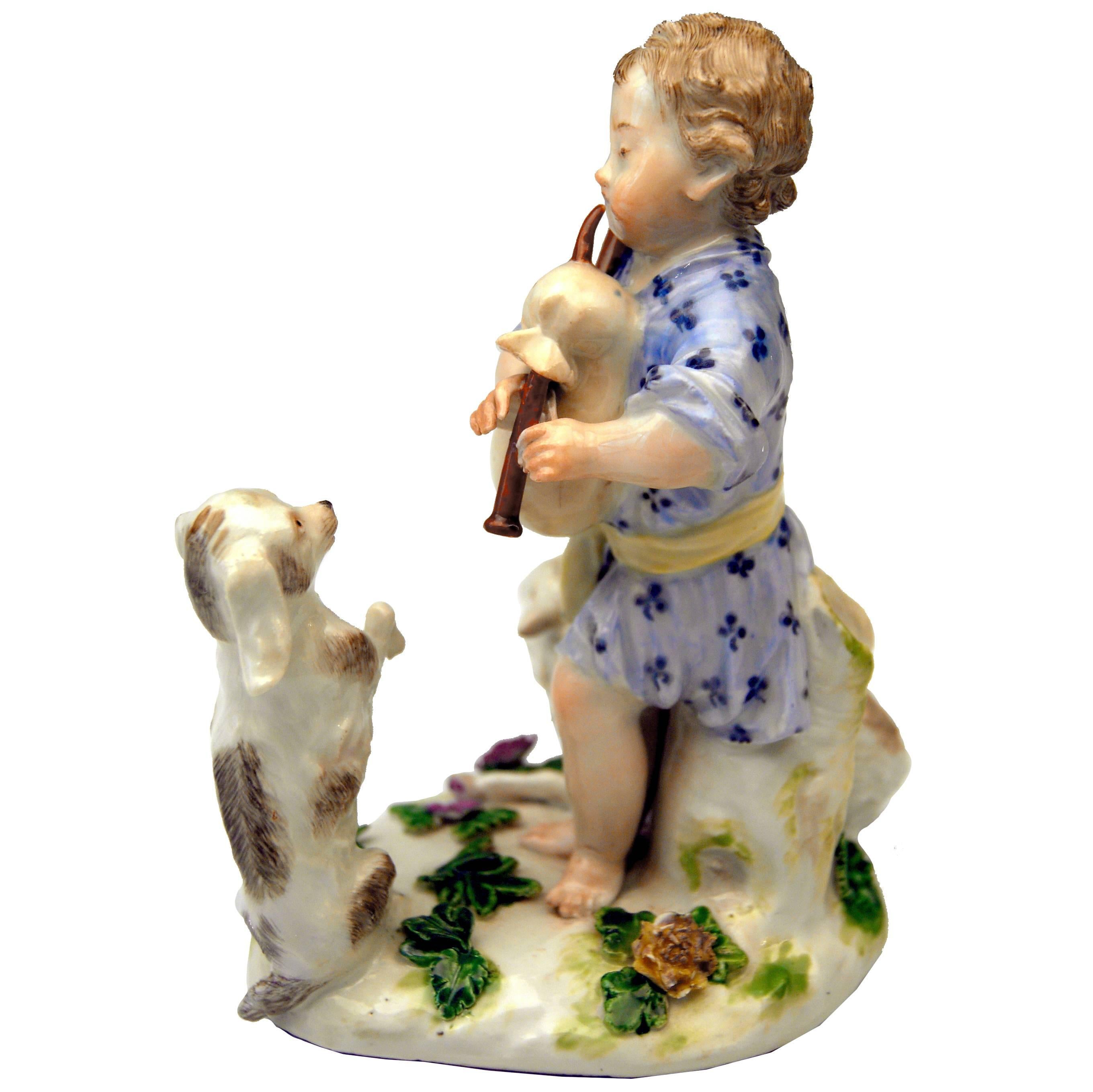 Meissen Lovely Shepherd with Bagpipes Watched by Sheep and Dog, circa 1750