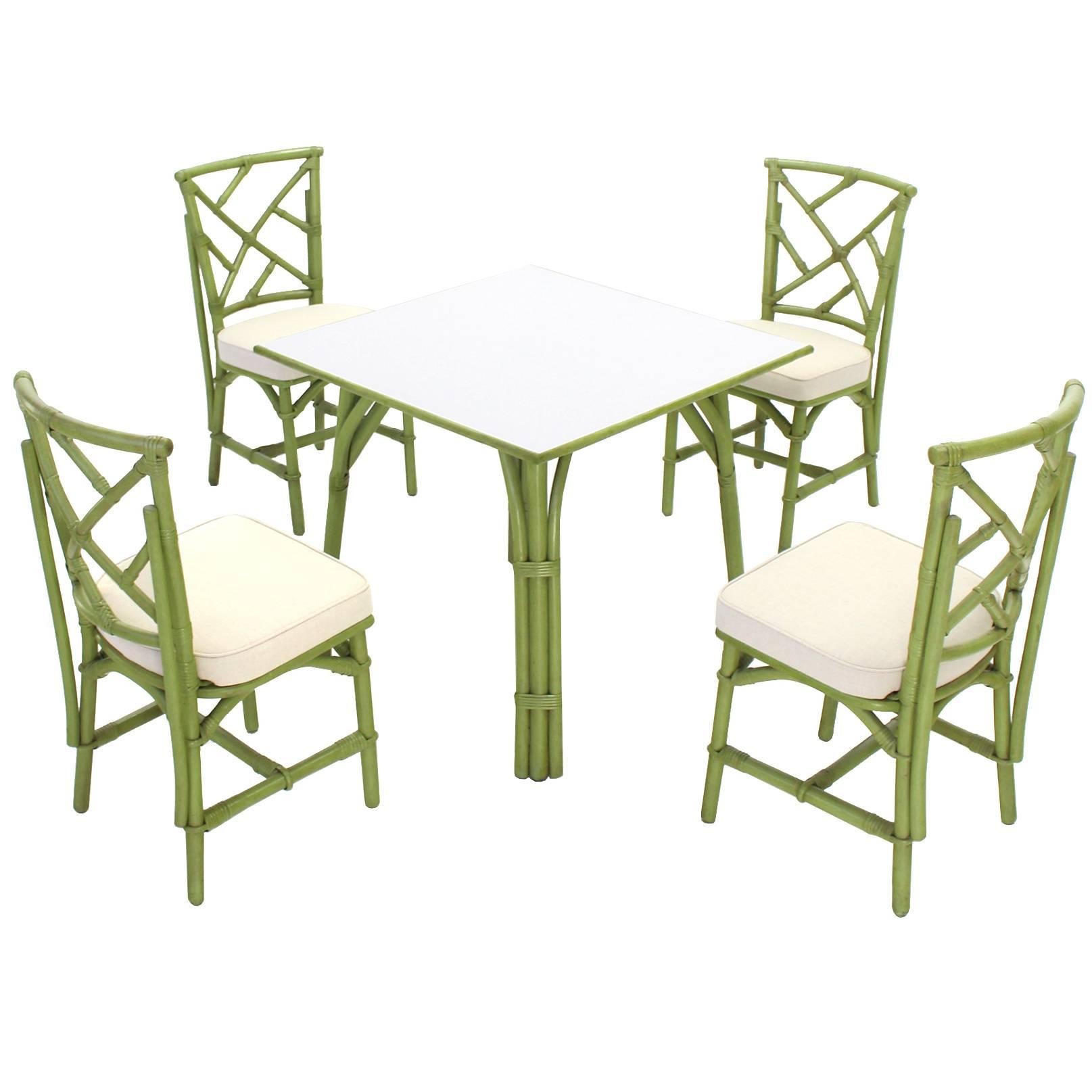 Square Game Table and Four Chairs Green Faux Bamboo Rattan