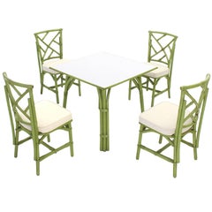 Square Game Table and Four Chairs Green Faux Bamboo Rattan