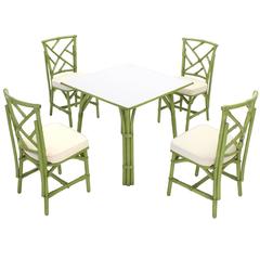 Square Game Table and Four Chairs Green Faux Bamboo Rattan 6