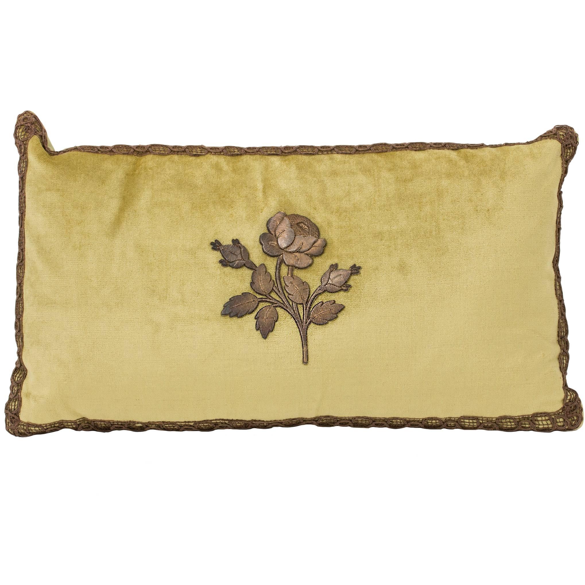  Pillow, Trimmed with Antique Gold Metal Flower For Sale