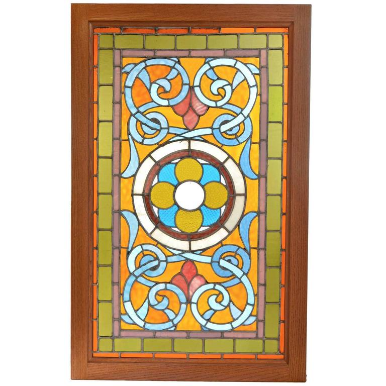 Victorian Teal And Amber Stained Glass Window With Rondelles