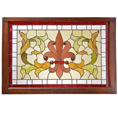 Jeweled Victorian Stained Glass Window with Anthemion and Leaf Design