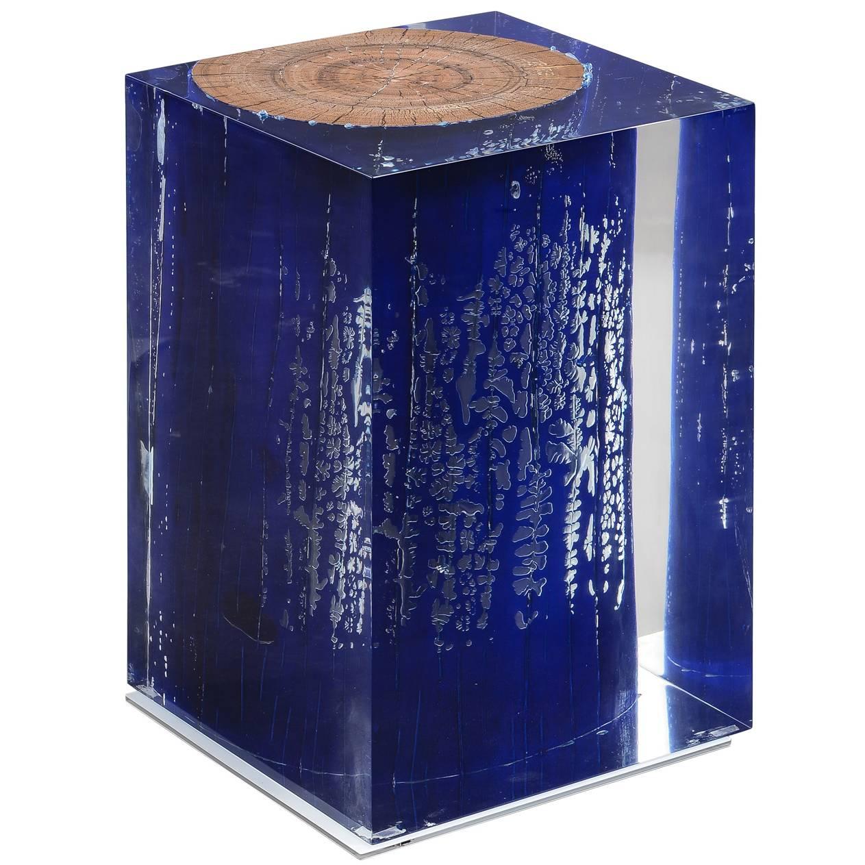 Blue Trunk in Acrylic Side Table For Sale