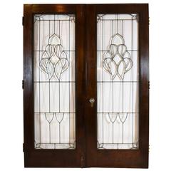 Antique Arts and Crafts Beveled Glass French Door Set