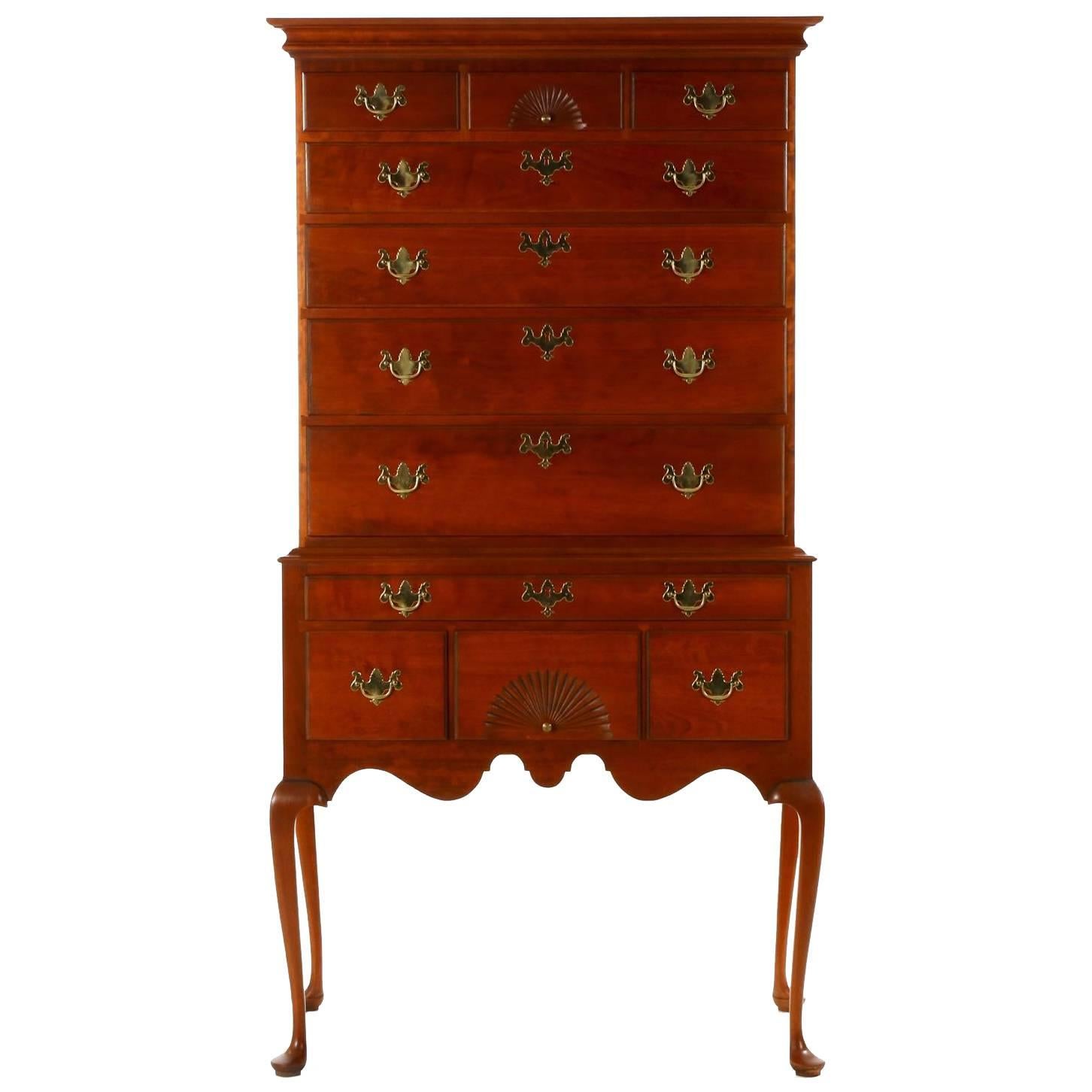 Eldred Wheeler Queen Anne Style Fan Carved Flat Top Highboy