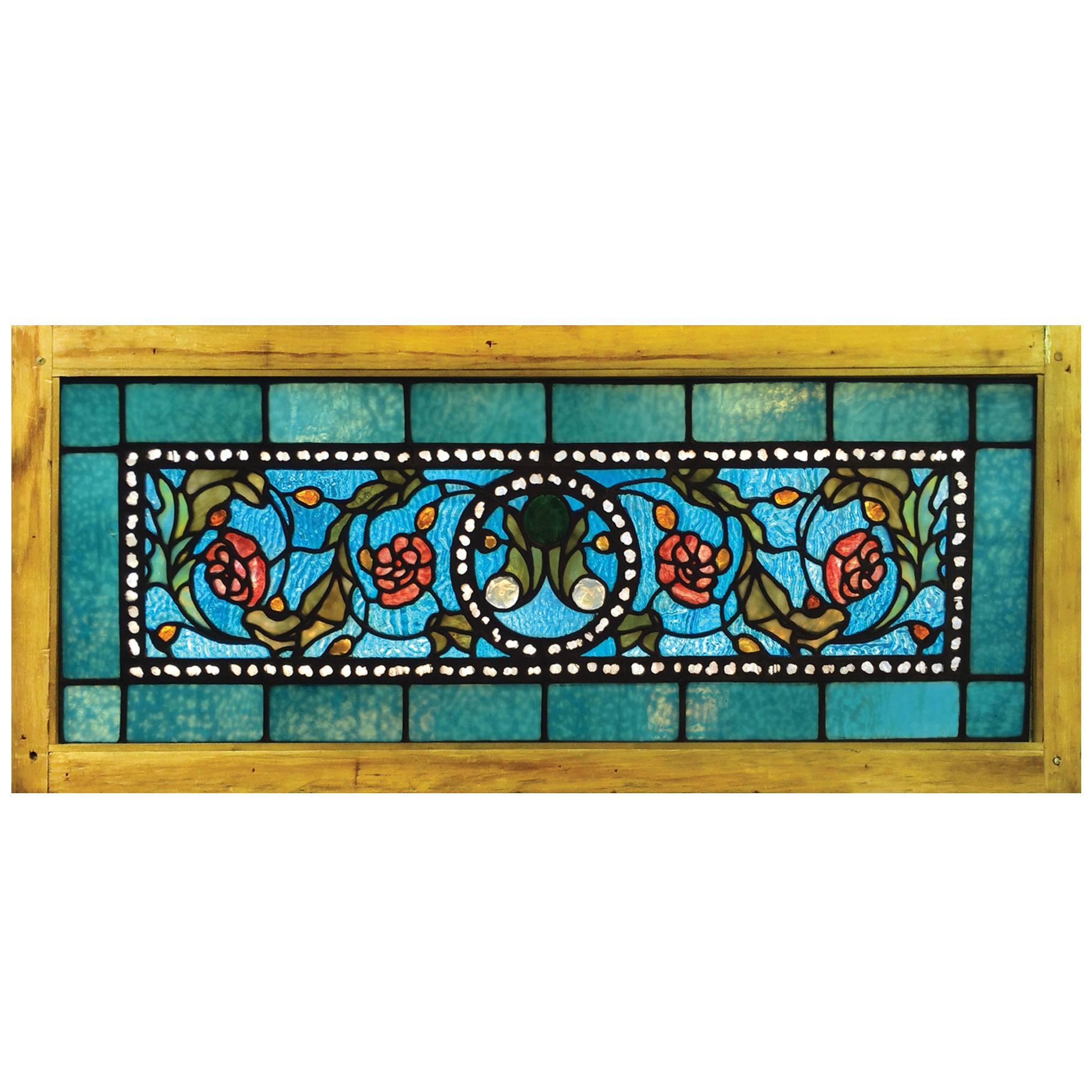 Tiffany Stained, Leaded and Jeweled Transom Window For Sale