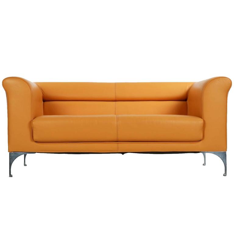 Roche Bobois Designer Caramel Leather and Steel Loveseat Sofa, 21st