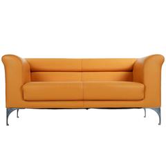 Roche Bobois Designer Caramel Leather and Steel Loveseat Sofa, 21st Century