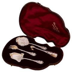 Antique Rare French Sterling Silver 18K Gold Dessert Set, Dolphin, Shaped Violin Box