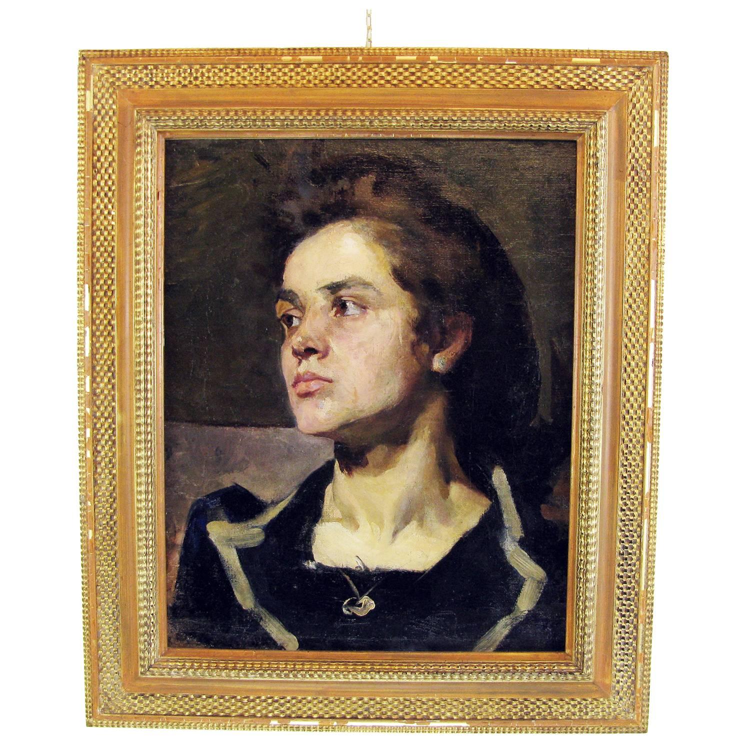 19th Century Portrait of a Young Woman by Italian Painter Cesare Tallone