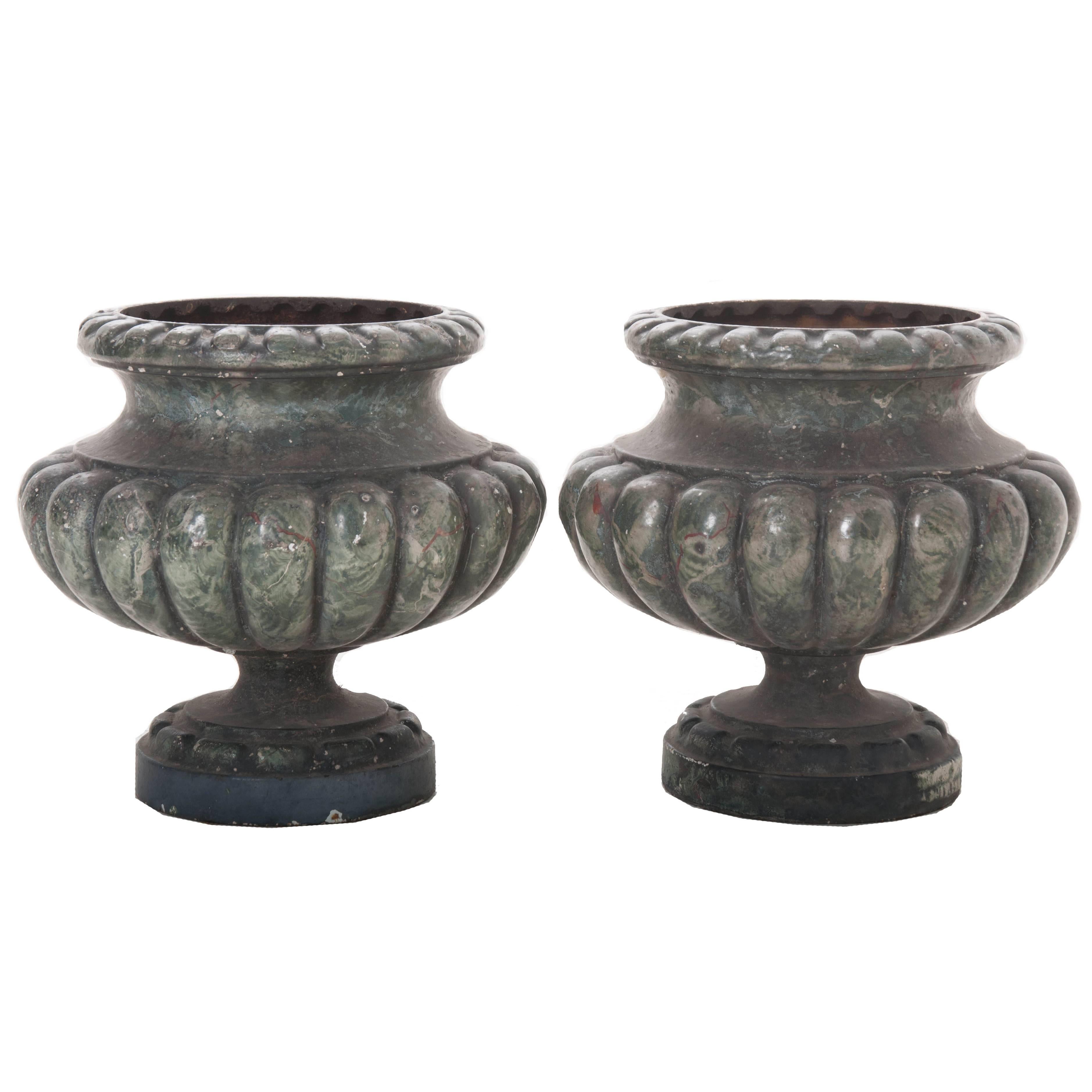 Pair of Vintage Faux Marble Painted Cast Iron Pots