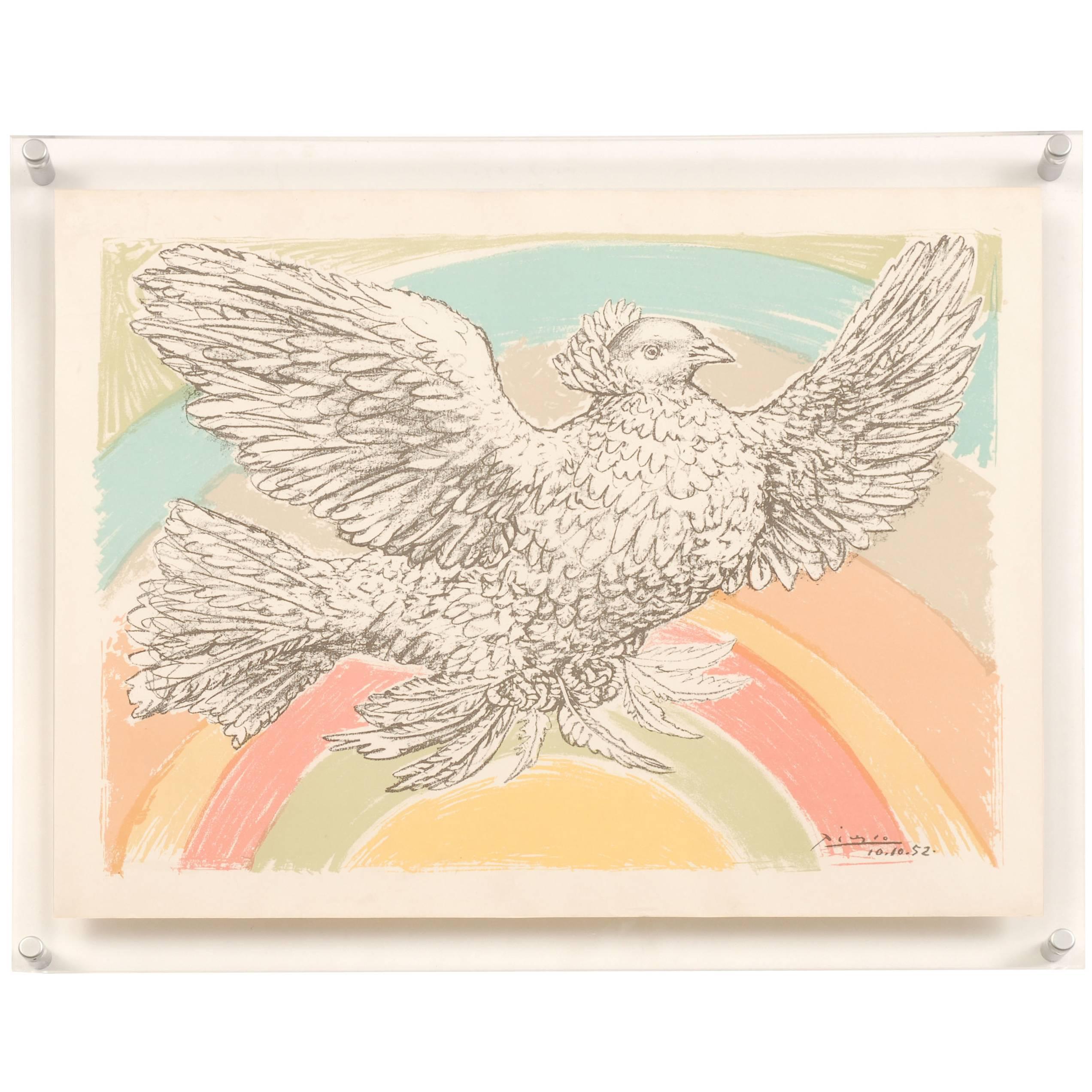 Pablo Picasso 1952 Flying Dove with Rainbow Lithograph For Sale