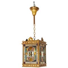 Victorian Brass Stained Glass Lantern Pendant