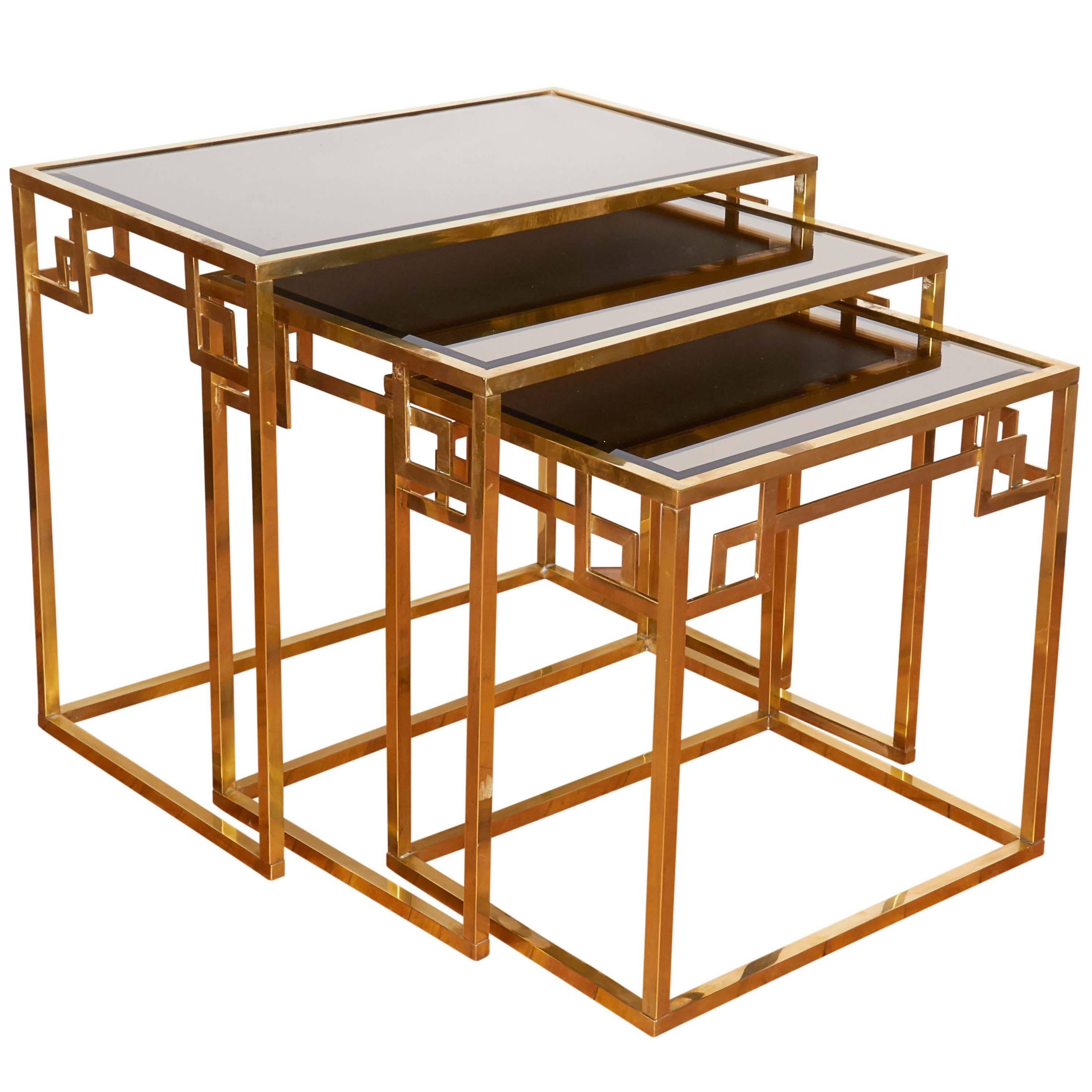 Mid-Century Italian Brass Nesting Tables with Greek Key Motif