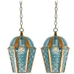 Pair of 1950s Handblown Murano Glass Caged Lantern Pendants