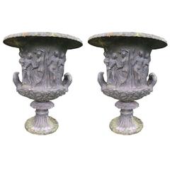 19th Century Pair of Antique Cast Iron Urns