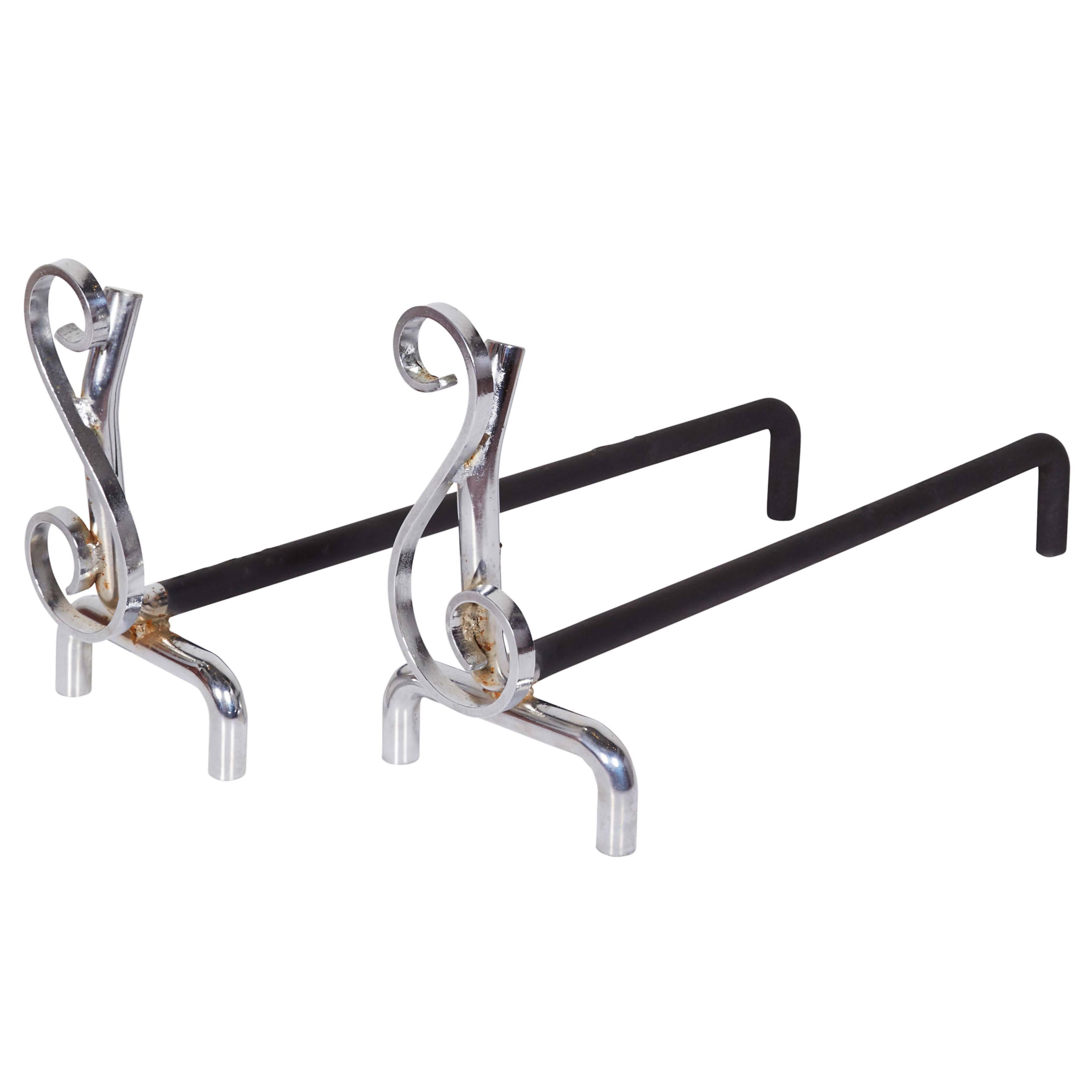 Mid-Century Andirons with Musical Note Motif and Chrome Finish